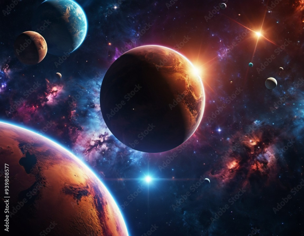 Obraz premium Planetary system with multiple planets, large brightly colored gas giant and a rocky planet. Bright stars and a vast expanse of dark space with a galaxy in background. Space spaces. Cosmonautics. AI