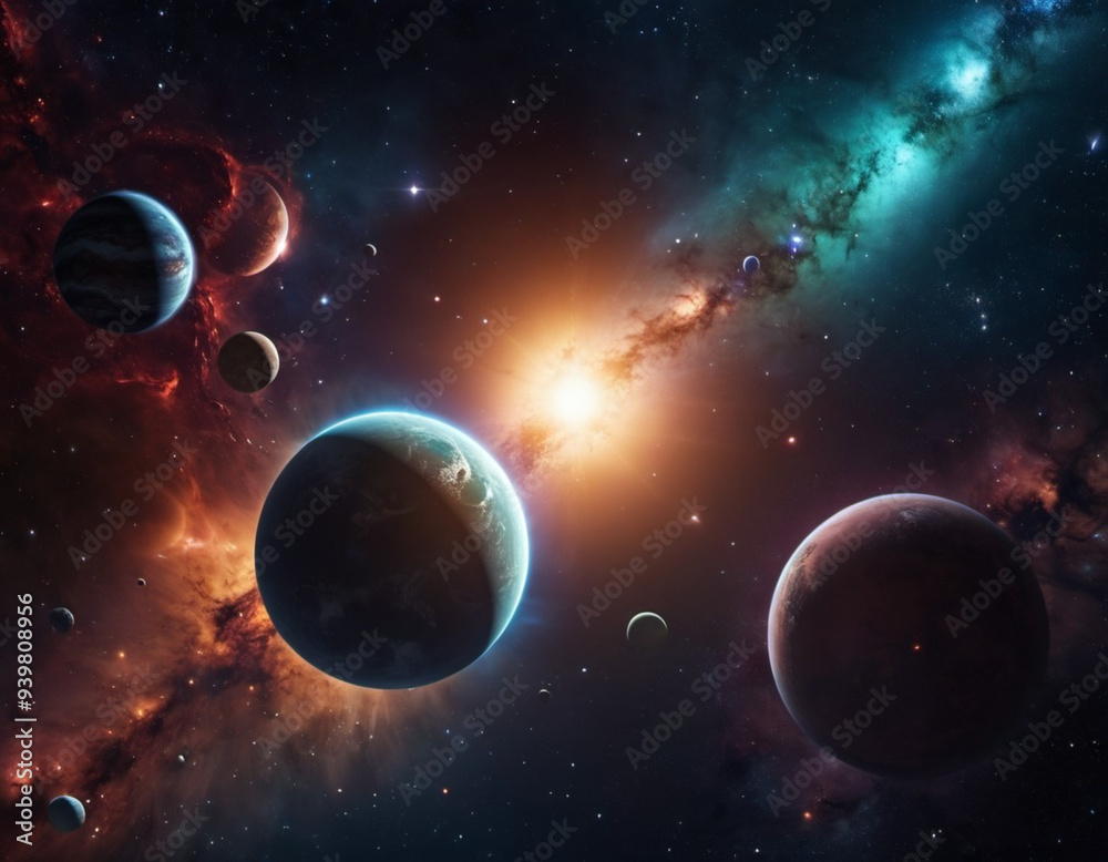 Planetary system with multiple planets, large brightly colored gas giant and a rocky planet. Bright stars and a vast expanse of dark space with a galaxy in background. Space spaces. Cosmonautics. AI Planetary system with multiple planets, large brightly colored gas giant and a rocky planet. Bright stars and a vast expanse of dark space with a galaxy in background. Space spaces. Cosmonautics. AI