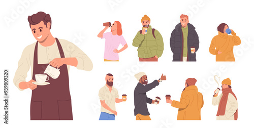 Professional barista preparing coffee and different people cartoon characters drinking hot drink set