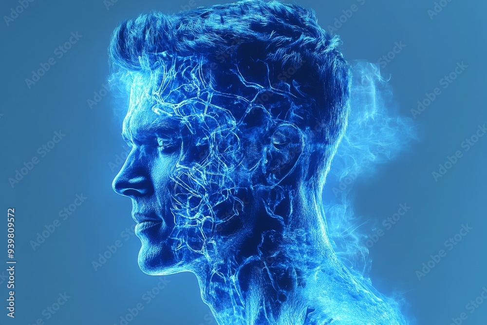 Portrait of a man with glowing neural patterns symbolizing the intensity and energy of thought in a bright vibrant environment Portrait of a man with glowing neural patterns symbolizing the intensity and energy of thought in a bright vibrant environment