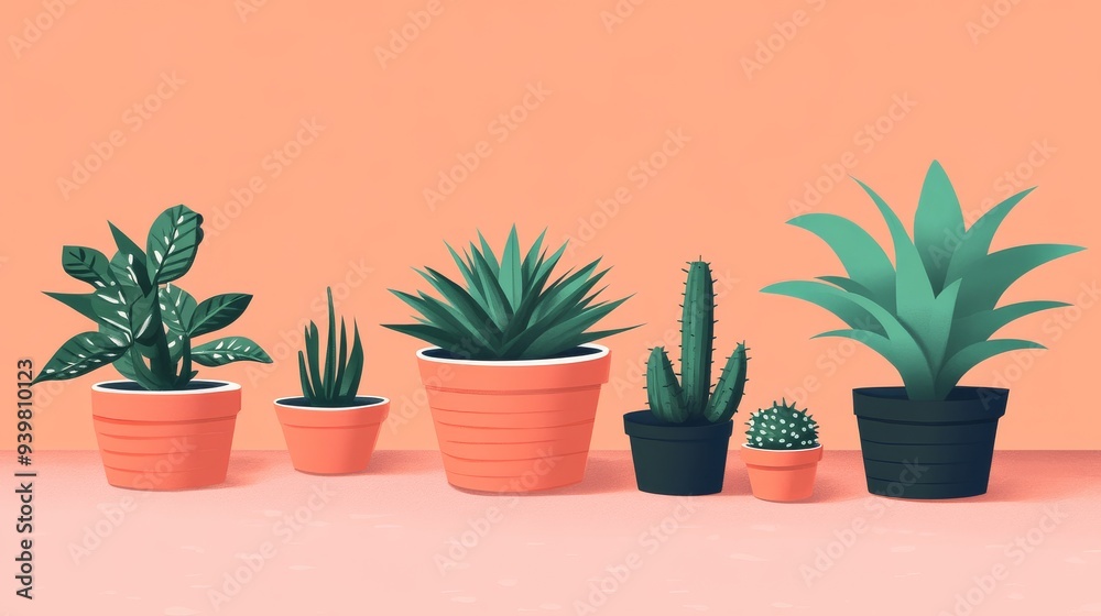 Fototapeta premium A Row of Plants in Terracotta Pots Against a Peach Wall, Digital Illustration, Houseplants, Interior Design, Plant Decor