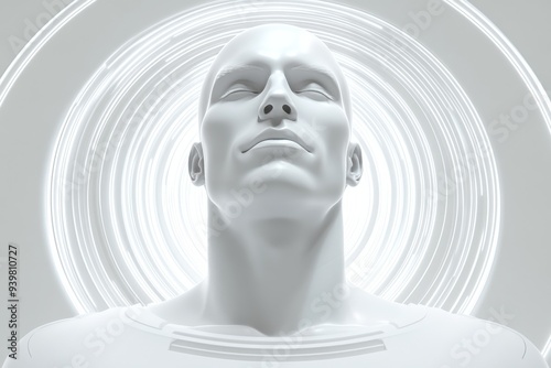 Meditative figure with glowing halo representing mindfulness inner peace and spiritual awakening in a modern digital representation of serene contemplation