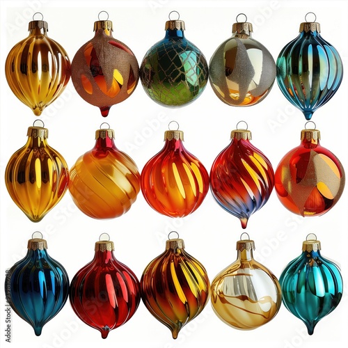 Christmas Bauble Ornament Set, Holiday Decor Collection Design, Arts and Crafts Colorful Isolated Xmas Bulbs, Winter Business Marketing Decoration Customizable Festive Object on White Background