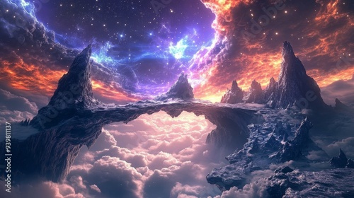 Aetherial Mountaintop with a Sky of Starry Clouds, Digital Art, Fantasy, Cloudscape, Mountain, Stars photo