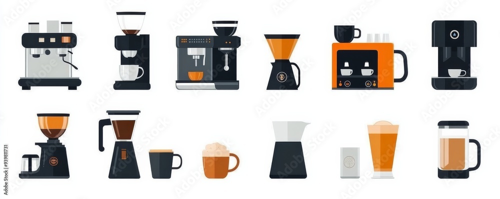 Coffee Maker Machines and Brewing Equipment - Flat Icon Set, coffee, maker, equipment Coffee Maker Machines and Brewing Equipment - Flat Icon Set, coffee, maker, equipment
