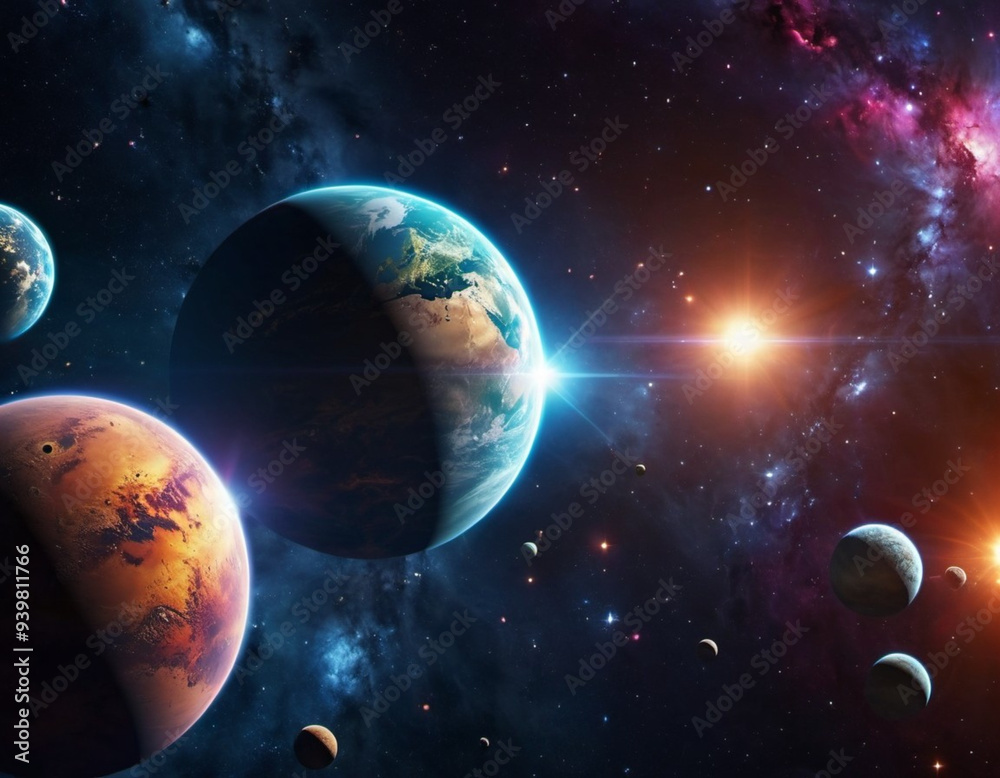 Naklejka premium Planetary system with multiple planets, large brightly colored gas giant and a rocky planet. Bright stars and a vast expanse of dark space with a galaxy in background. Space spaces. Cosmonautics. AI