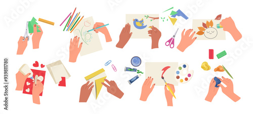 Human hands making craft artwork at creative class enjoying hobby activity top view isolated set