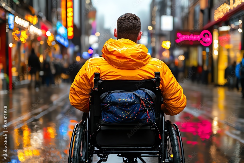 Obraz premium A powered wheelchair user enjoying a night out in the city, with vibrant lights and bustling streets