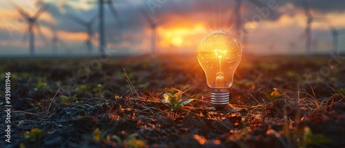 light bulb in a field with wind turbines 