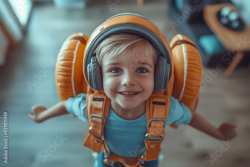 Joyful child with a playful spirit, soaring in imagination with a toy jetpack in a cozy indoor setting photo