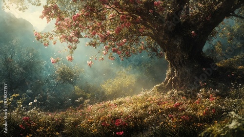 A large tree in the middle of a lush green forest.