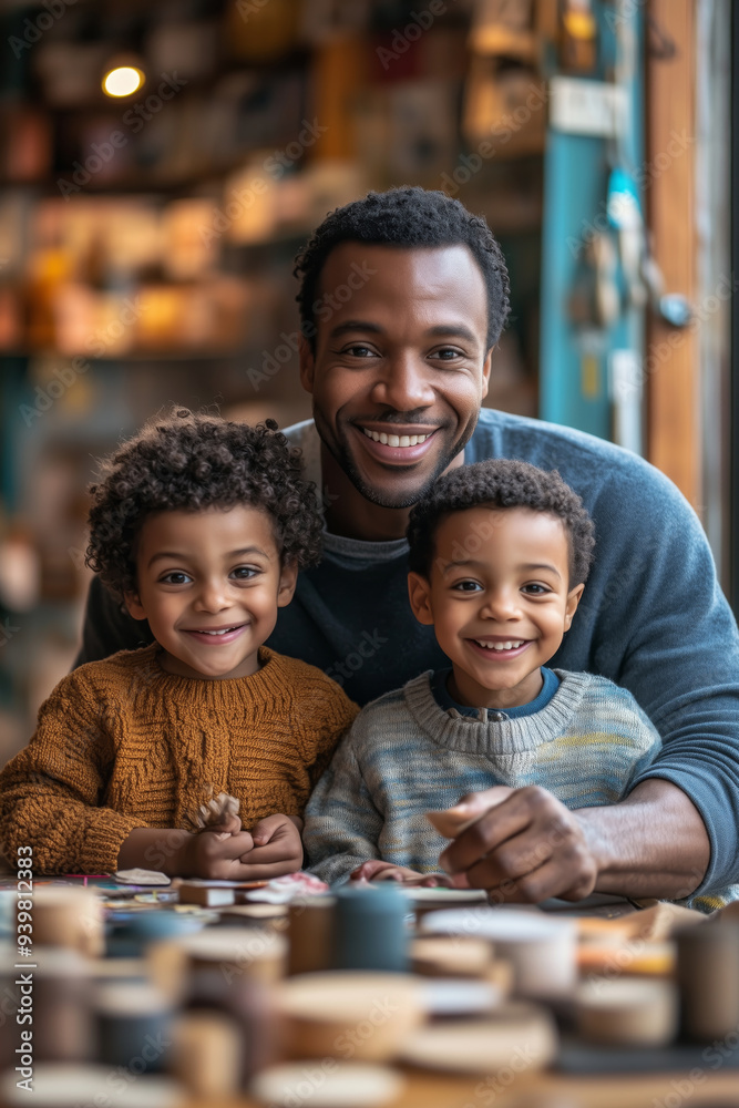 A joyful father and his sons create memories through arts and crafts in a cozy workshop filled with creative energy A joyful father and his sons create memories through arts and crafts in a cozy workshop filled with creative energy