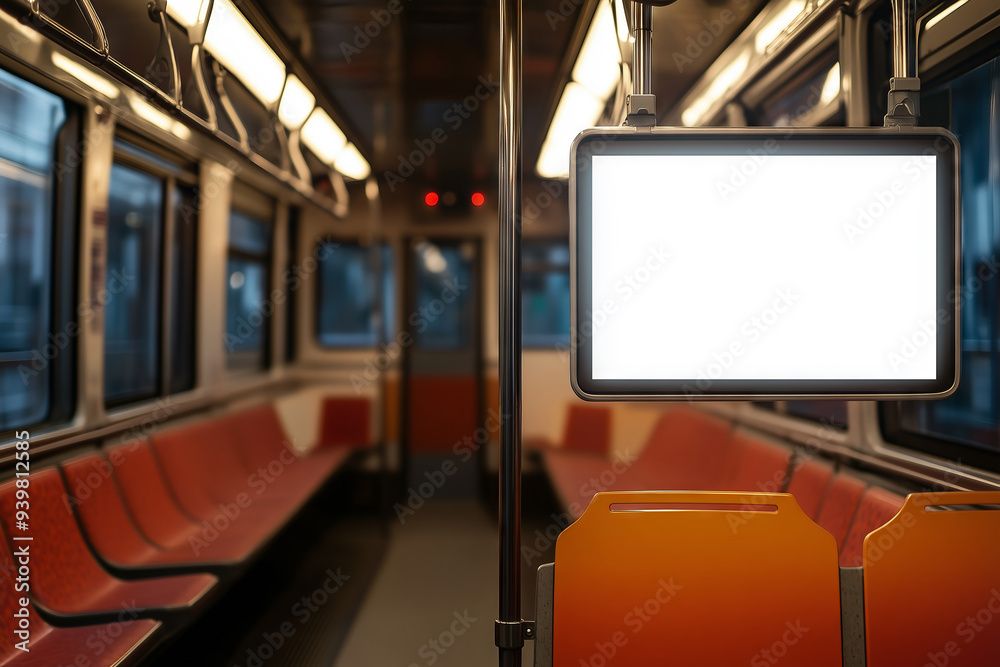 Fototapeta premium Advertising mockup on a tram interior showcasing a blank billboard in an urban setting
