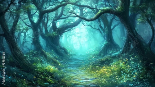 Enchanted Forest Path Digital Painting of Lush Greenery and Misty Light, forest path, digital art, fantasy