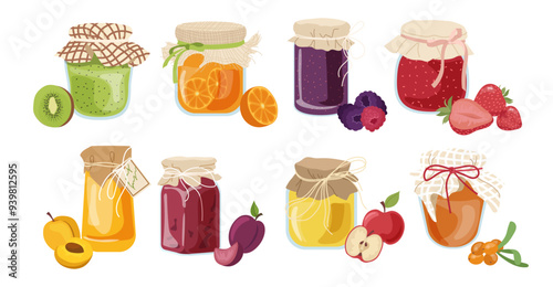 Sweet homemade fruit and berry jam preserve in glass jug packaging set isolated on white background
