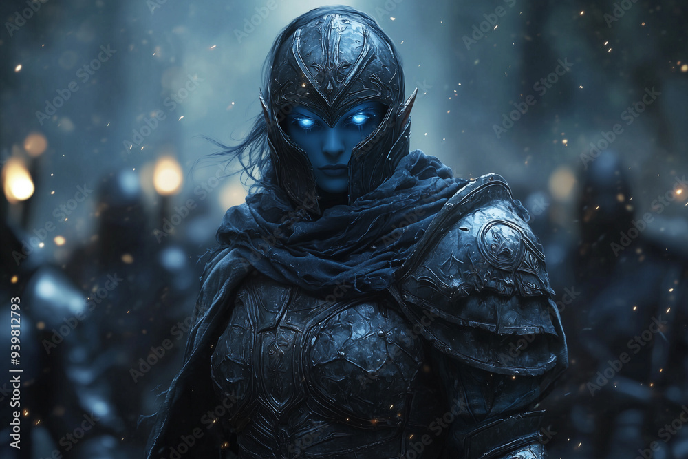 resolute drow warrior with glowing blue eyes and ornate armor leading troops through a misty forest resolute drow warrior with glowing blue eyes and ornate armor leading troops through a misty forest