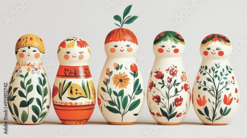 Five Traditional Russian Nesting Dolls with Floral Designs, White Background, Painted Wood, Folk Art, Nesting Doll, Russian Art, Craft photo