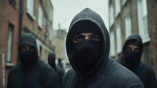 A group of men in black hoodies walking down a street.