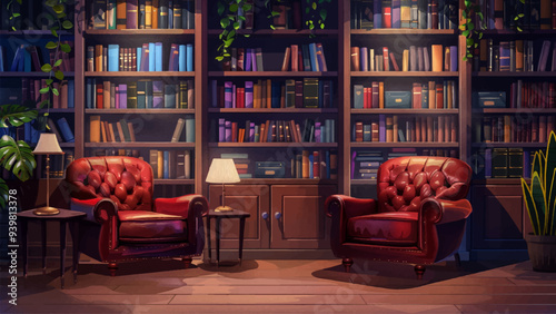 Gorgeous Workroom Featuring A Large Bookshelf Filled With Books Elegant Leather Chairs A Stylish Desk And Decorative Items Such As Lamps And Art Pieces Illustrated In Cartoon Style