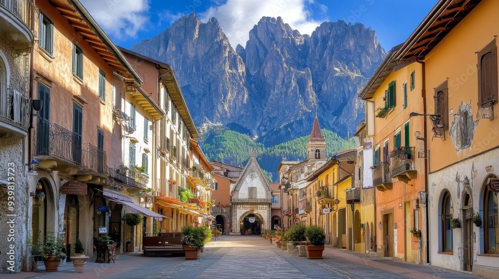 Mountain Village Street, Italian Architecture, Alpine Town, Travel Destination