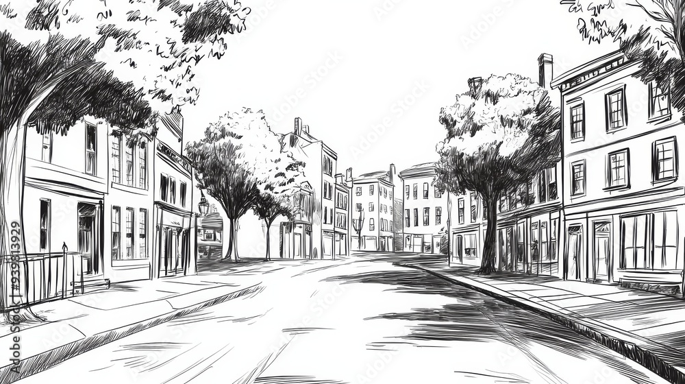 Pen and Ink Sketch of a Quaint Street Scene, Black and White, Street, Buildings, Trees, Town, City Pen and Ink Sketch of a Quaint Street Scene, Black and White, Street, Buildings, Trees, Town, City