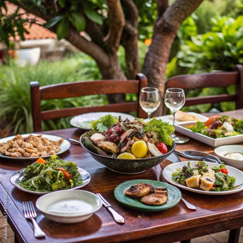 A beautifully set outdoor dining table in a garden with fresh, locally sourced food like salads, grilled vegetables, and seafood. The ambiance is warm and inviting