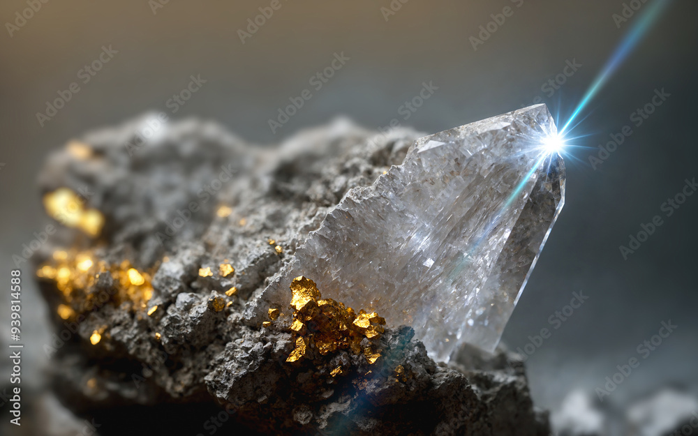 Gold ore embedded in a white rock quartz crystal. Close up Gold ore embedded in a white rock quartz crystal. Close up