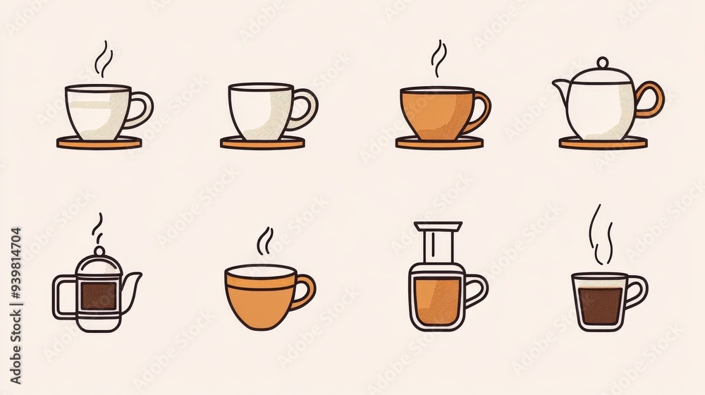 Steaming Cups of Coffee Line Art Illustration, Colorful, Coffee Mug, Coffee Pot, Coffee Maker, Coffee, Cafe Steaming Cups of Coffee Line Art Illustration, Colorful, Coffee Mug, Coffee Pot, Coffee Maker, Coffee, Cafe