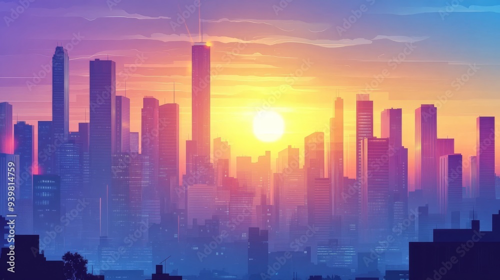 Sunset Cityscape with Silhouettes of Buildings, Digital Painting, Cityscape, Sunset, Urban, city, buildings Sunset Cityscape with Silhouettes of Buildings, Digital Painting, Cityscape, Sunset, Urban, city, buildings