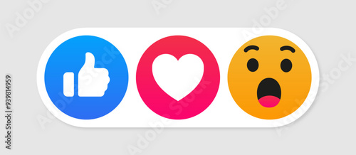  like and love icon button, wow emoji reaction. Thumbs up and heart flat icon in modern circle shapes , Social media notification icons. emoji post reactions set. Vector illustration