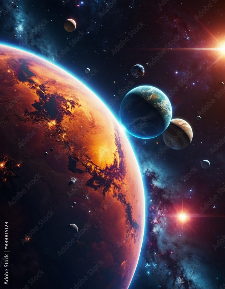 Obraz premium Planetary system with multiple planets, large brightly colored gas giant and a rocky planet. Bright stars and a vast expanse of dark space with a galaxy in background. Space spaces. Cosmonautics. AI