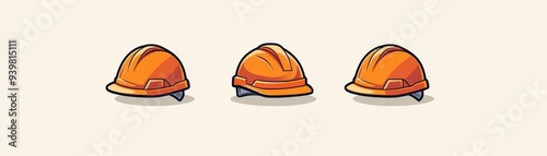 Three Orange Hard Hats Cartoon Illustration, construction, safety, hardhat photo