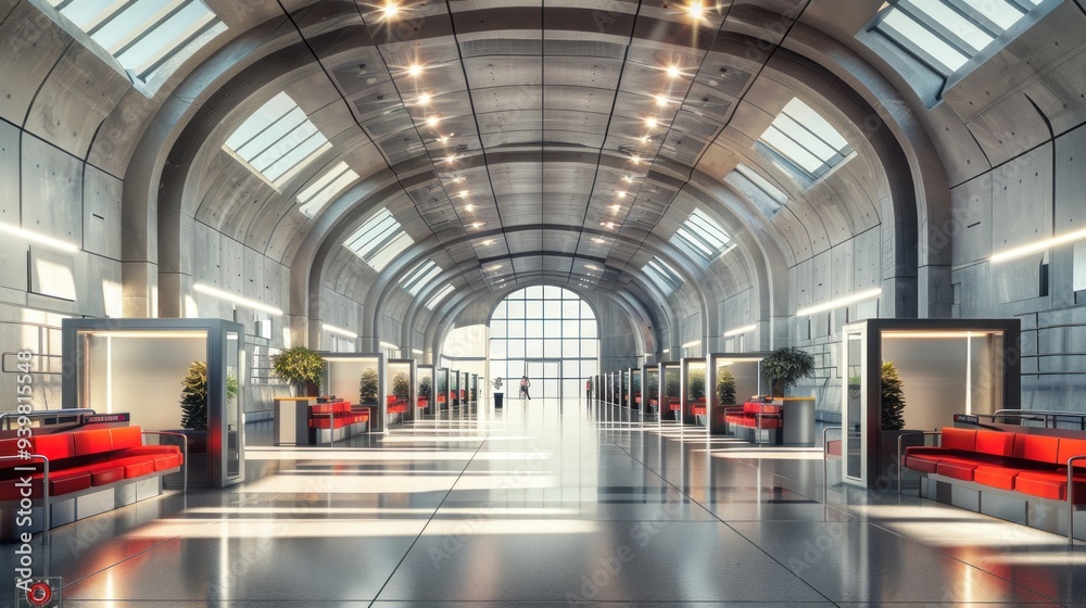 Obraz premium A transportation hub office with train station decor, ticket booths, and waiting areas.