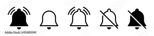 Notification bell icon set. Alarm symbol. Ringing bells reminder icon , silent mute icons. incoming inbox message sign - Web icons collection set