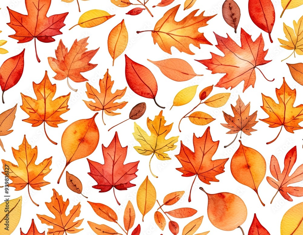 Watercolor seamless pattern of fall leaves in various shades of orange, red, and yellow. Watercolor seamless pattern of fall leaves in various shades of orange, red, and yellow.