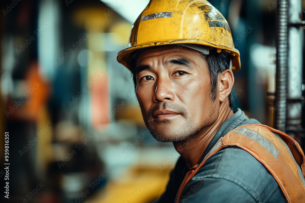 Portrait of construction site worker with yellow hard hat, Selective focus of asian worker in building. Portrait of construction site worker with yellow hard hat, Selective focus of asian worker in building.