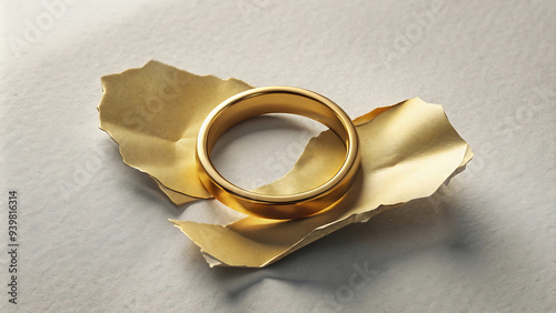 Gold ring on torn paper. Elegant minimalist concept. Ai generated