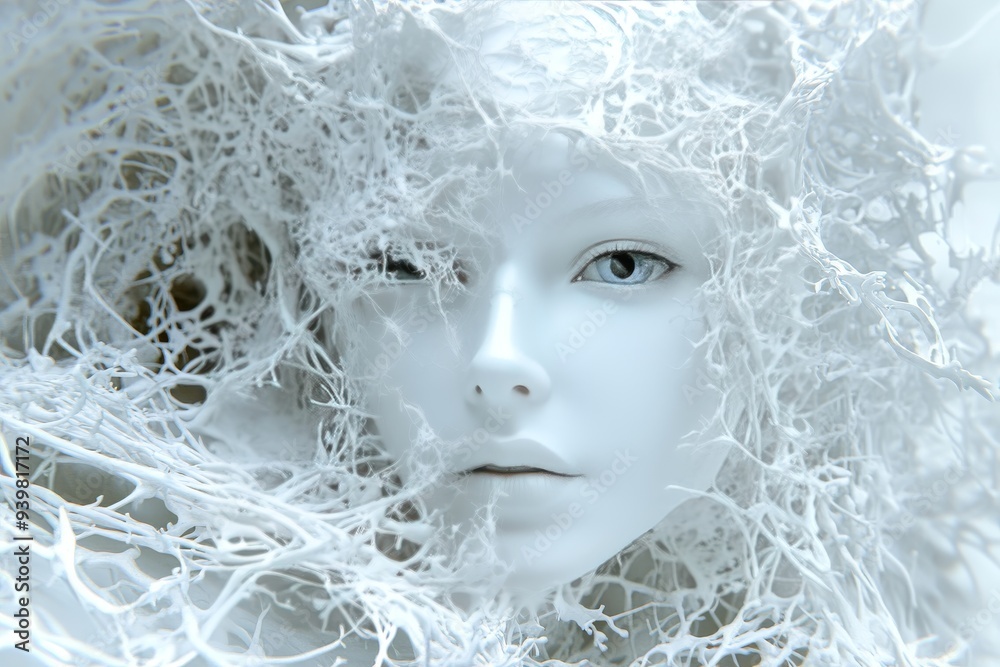 Womans face entangled in a web of glowing neural fibers symbolizing the complexity of human thought emotions and the intricate processes of the mind Womans face entangled in a web of glowing neural fibers symbolizing the complexity of human thought emotions and the intricate processes of the mind