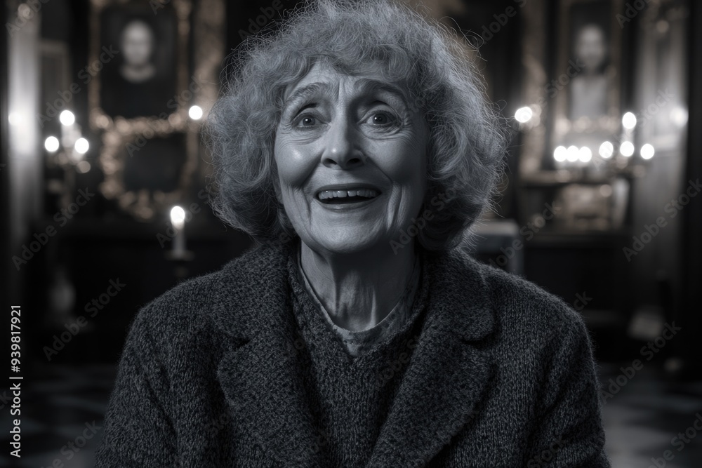 Elderly Woman in Emotional Black and White Portrait in Vintage Setting