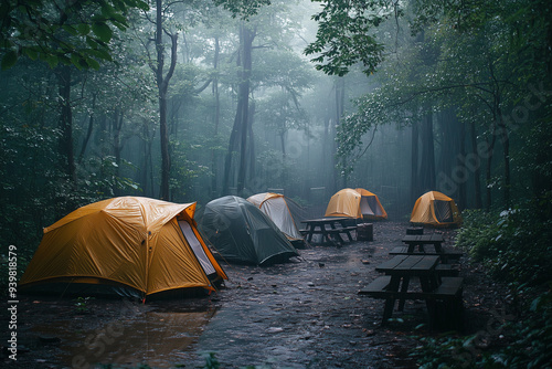Camping tent in the forest with foggy view and raining puddle, Camping tent in camping zone recreation concept.
