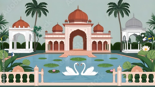 Fototapeta Naklejka Na Ścianę i Meble -  Traditional Mughal Garden, arch peacock illustration for wallpaper. Mughal Garden, Water lily and swan in a beautiful lake illustration.