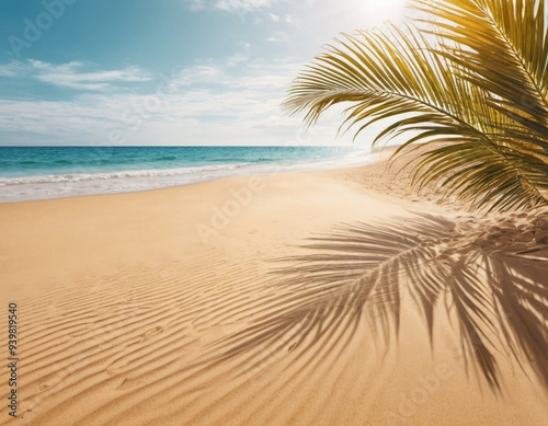 Serene beach scene with gentle waves, sandy shoreline, and palm trees casting shadows. The bright colors and soft brushstrokes create peaceful atmosphere. Generated AI. Sunny beach holidays travel