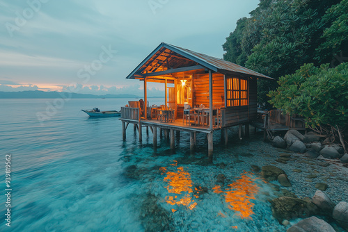 Aerial view of local fisher man house on the beach with fisher man boat, Landscape view of house near the beach with wooden dock for small boat.	