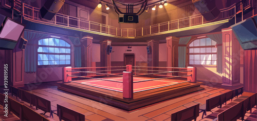 Interior Of A Hall Featuring A Central Boxing Ring Surrounded By Rows Of Seats For Spectators Walls With Posters And Lighting Fixtures Highlighting The Ring Cartoon Illustration