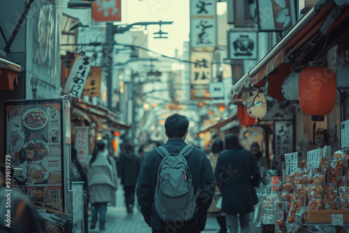 Portrait of man with backpack among crowd in japan walking street, Street food alley in japan with plenty of crowd.