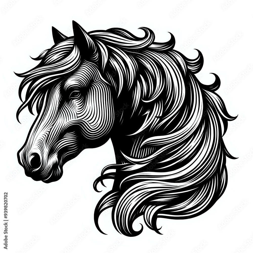 A detailed illustration of a horse's head with flowing mane in a stylish black and white design A detailed illustration of a horse's head with flowing mane in a stylish black and white design