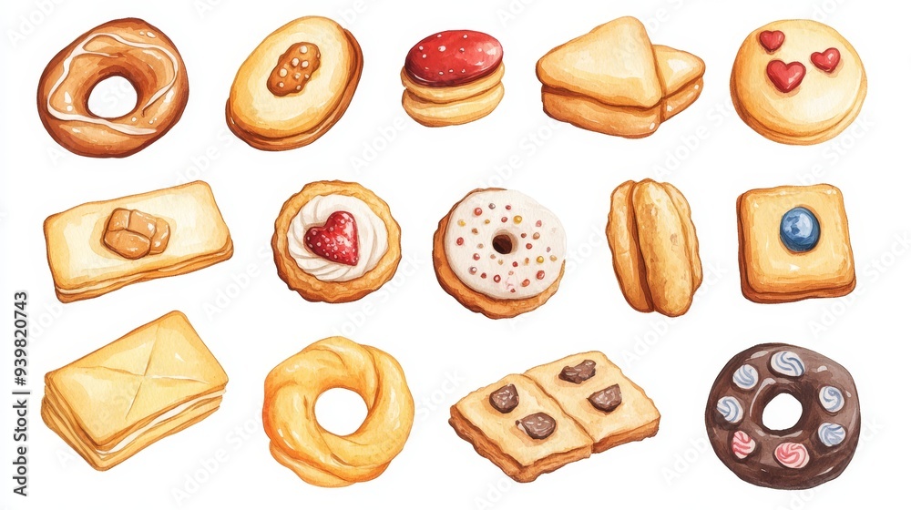 Cookies set. White background. Watercolor illustrations Cookies set. White background. Watercolor illustrations