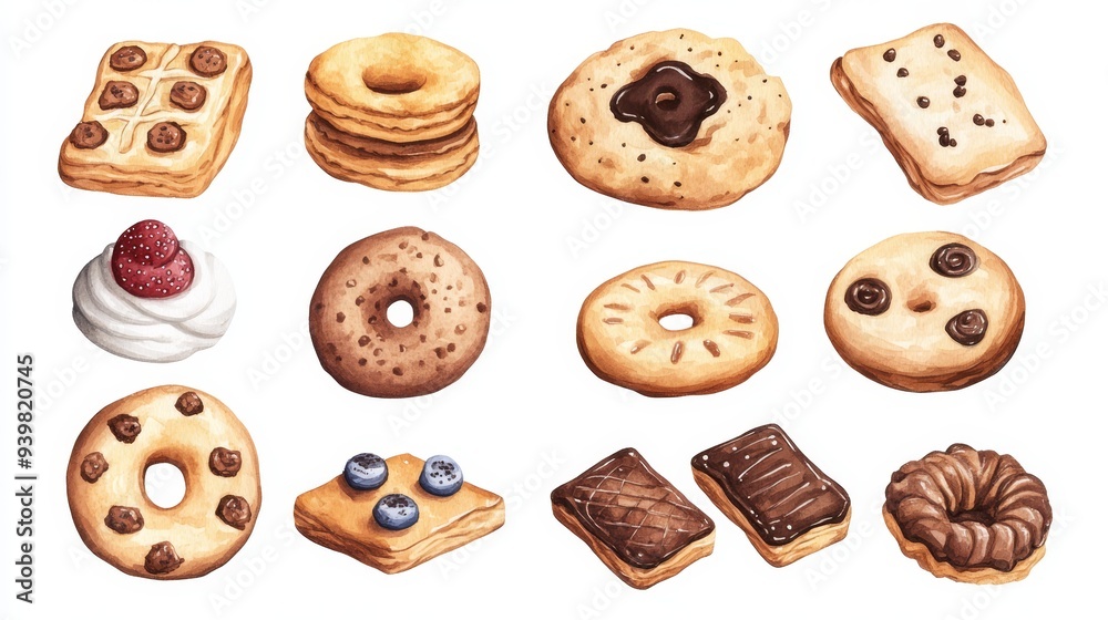 Cookies set. White background. Watercolor illustrations
