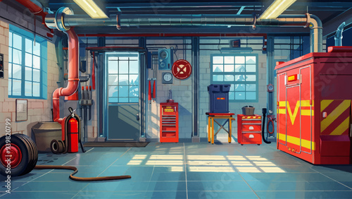 Interior Of The Fire Station Garage Featuring Fire Trucks Parked On The Bays Equipped With Firefighting Gear Tools And Equipment Storage Cabinets Cartoon Style
