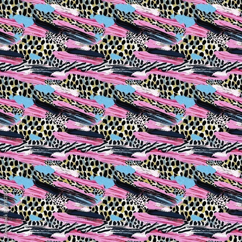Fun girly camouflage pattern in vibrant stripes and spotted seamless design . Modern skin texture patched effect for festival and beach wear style in repeat .